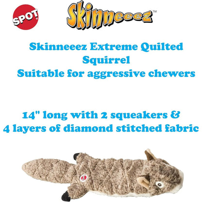 Extreme Quilted Squirrel Dog Toy, Stuffing Free with 4 Layers of Diamond Stitched Fabric & 2 Squeakers, for Small and Medium Aggressive Chewers, 14In