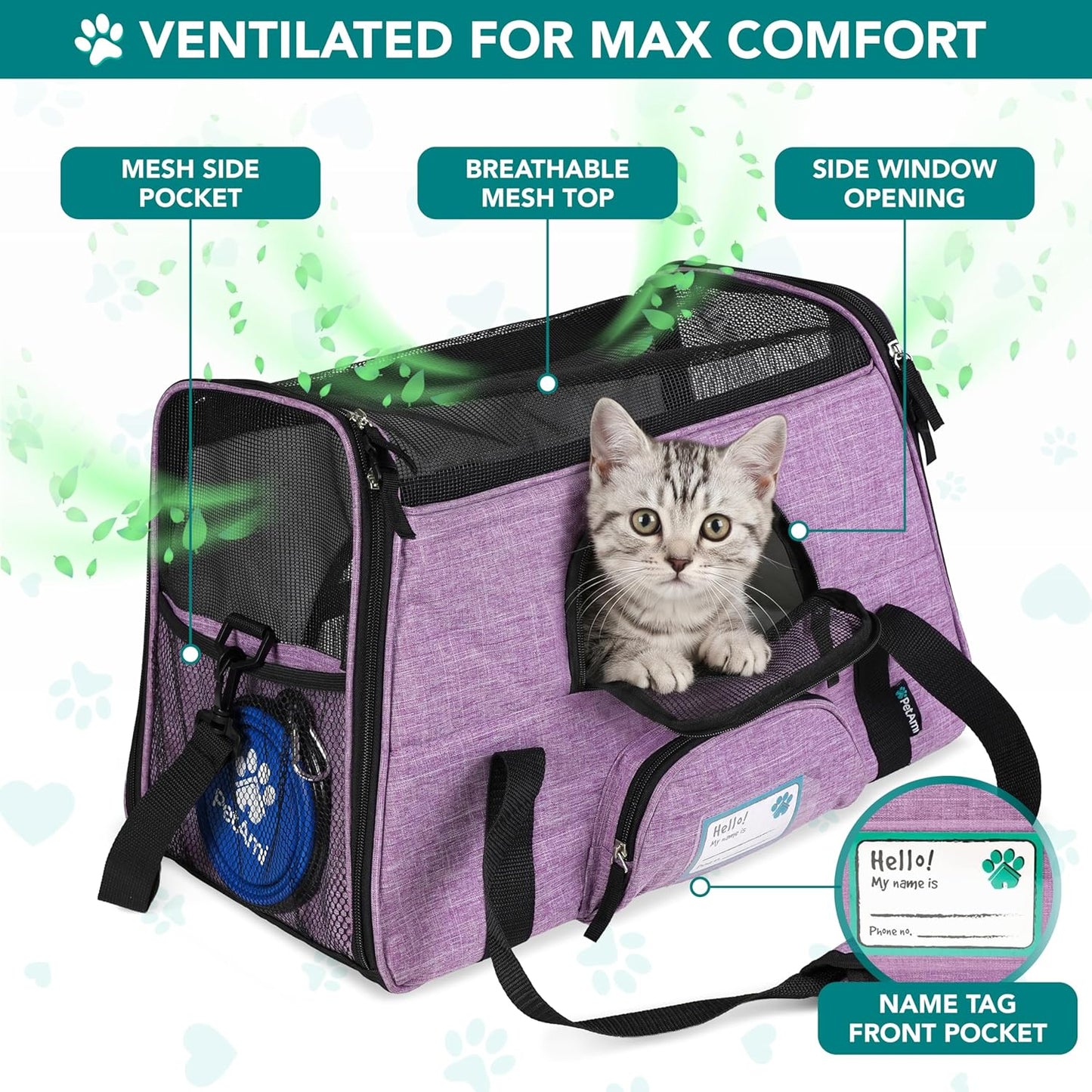 Airline Approved Pet Carrier for Cats & Small Dogs, Soft Sided TSA Travel Carrier Bag with Sherpa Bed, Breathable Mesh Ventilation, Collapsible Bowl, up to 18 Lbs, Small Heather Purple